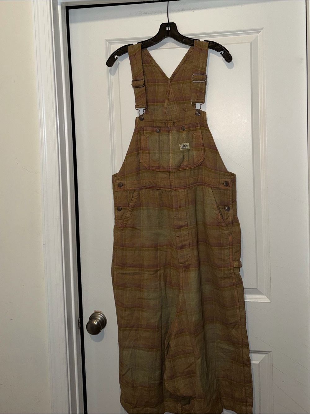 R13 Olive Plaid Bib Overalls Jumpsuit